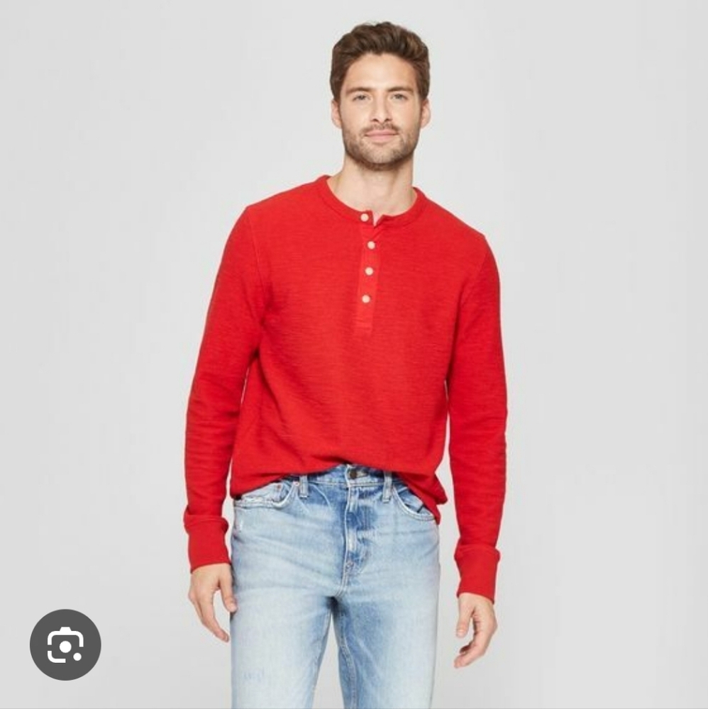 Goodfellow & Co Men's Red Henley Long Sleeve Shirt Size Large Standard Fit